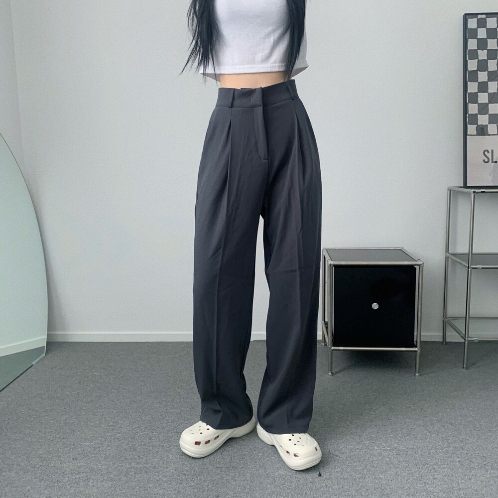 後ろバンディング無地ベーシックシンプルピンタックロングパンツポリウレタンパンツ